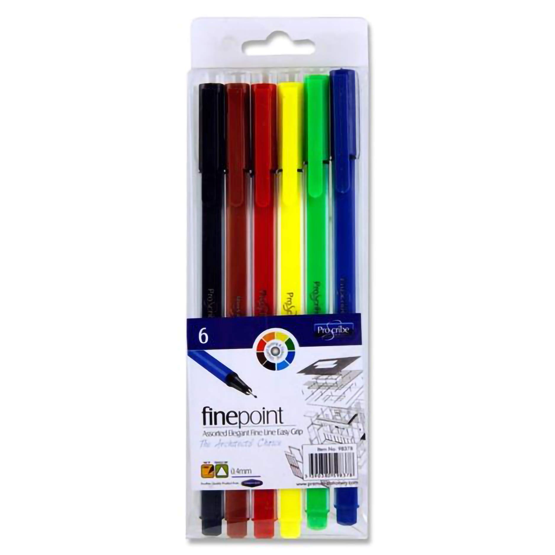 Premier Stationery 0.4 mm Pro:Scribe Fine Point Triangular Felt Tips Pen - Assorted Colours (Pack of 6)