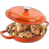 3 Quart Enameled Cast Iron Braiser, Non Stick Enameled Cast Iron Skillet with Lid, Dutch Oven Skillet with lid up to 500°F for Oven, Stove, Grill, Shallow Dutch Oven for Cook, Bake (Orange)