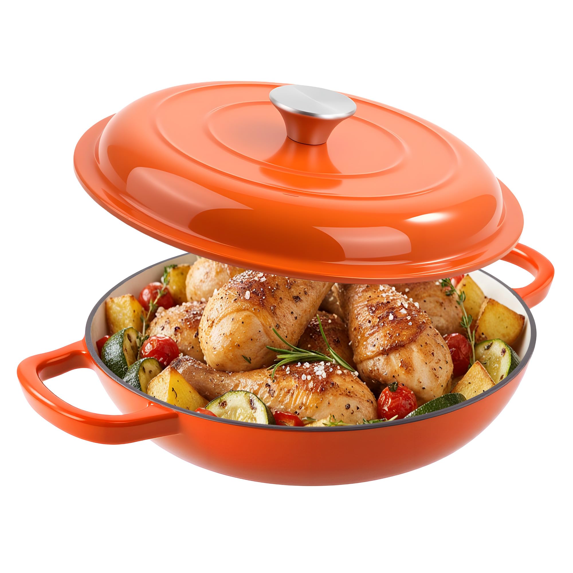 Photo 1 of 3 Quart Enameled Cast Iron Braiser, Non Stick Enameled Cast Iron Skillet with Lid, Dutch Oven Skillet with lid up to 500°F for Oven, Stove, Grill, Shallow Dutch Oven for Cook, Bake (Orange)
