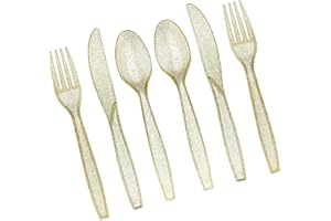 180-Piece Gold Plastic Silverware Set (60 Forks, Spoons, Knives) - Glitter Gold Cutlery - Glitter Clear Plastic Cutlery Set -