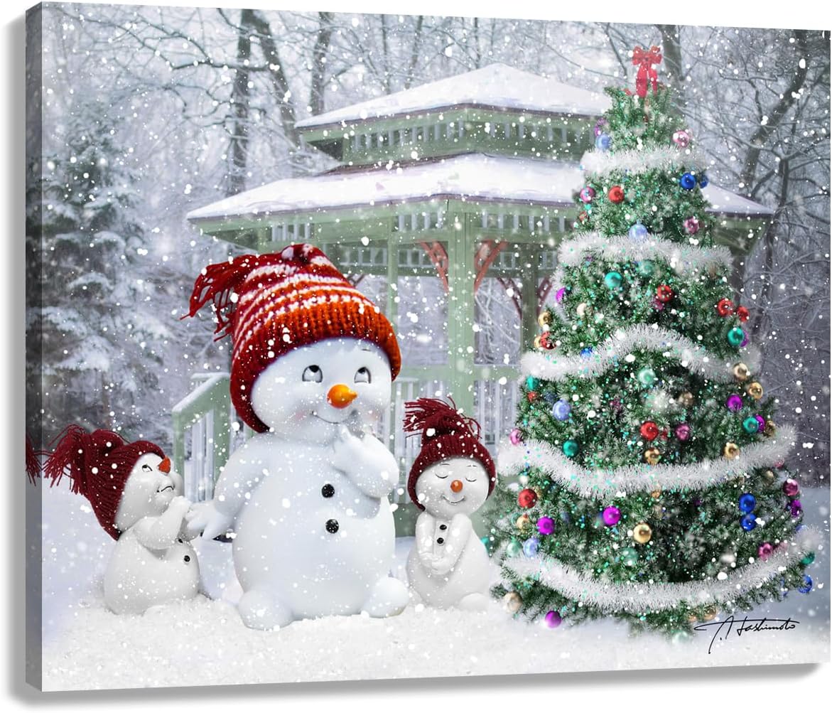 Wall Décor - Woxfcart Merry Snowman Picture Decor Wall Art Christmas Tree with Shiny Glitter Accessories Outdoor Snow Scene New Years Gift Canvas Artwork 12