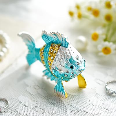 YU FENG Vintage Tropische Fische Schmuckkästchen, Scharnier Emaille Handgemalt Meer Tier Schmuck Box Ring Ohrringe Schmuck Organizer Für Wohnkultur Geschenk