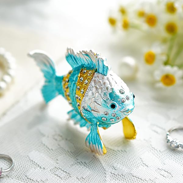 YU FENG Vintage Tropische Fische Schmuckkästchen, Scharnier Emaille Handgemalt Meer Tier Schmuck Box Ring Ohrringe Schmuck Organizer Für Wohnkultur Geschenk