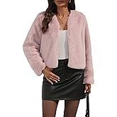 AMZANGEL Women's Faux Fur Cropped Jacket Crew Neck Long Sleeve Oversized Shrugs for Dresses Fluffy Coats Pocket Winter
