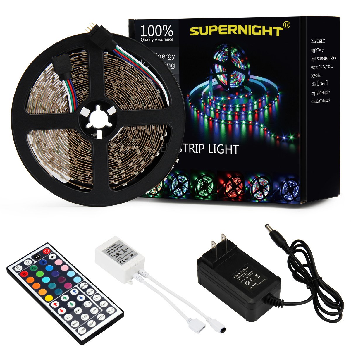 SUPERNIGHT 5M/16.4 Ft SMD 3528 RGB 300 LED Color Changing Kit with Flexible Strip Light+44 Key IR Remote Control+ Power Supply