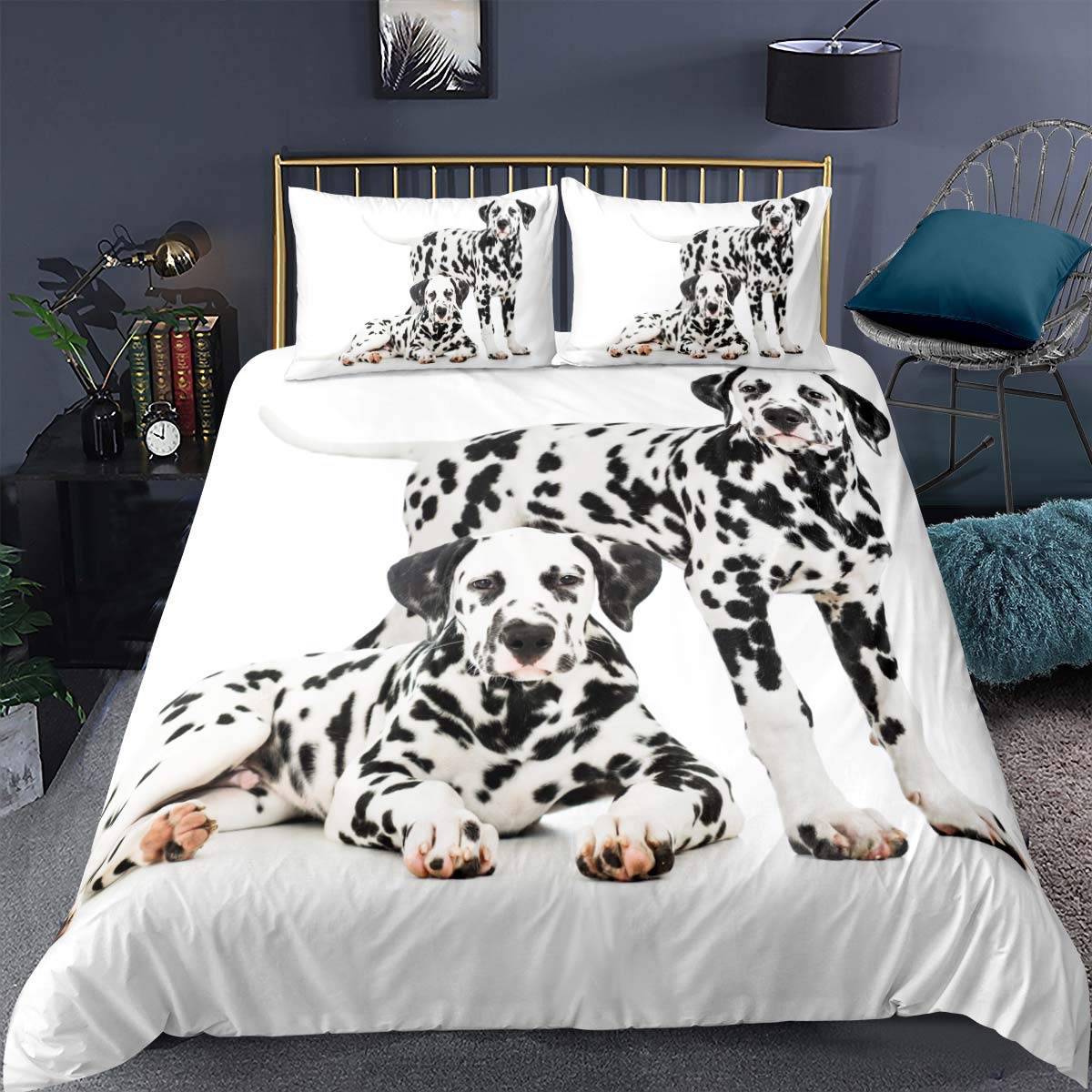 Loussiesd Dalmatian Dog Bedding Set,Kids Girls Boys Child Pet Black And White Cute Animals Kawaii Puppy,Decorative 3 Pieces Comforter Cover Double Size (1 Duvet Cover Set & 2 Pillow Shams),Zipper
