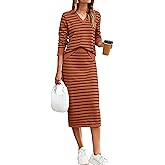Glamaker Womens 2 Piece Skirt Sets Striped Sweater Dress Casual Polo Neck Knit Long Sleeve Midi Dresses Fall Fashion Outfits