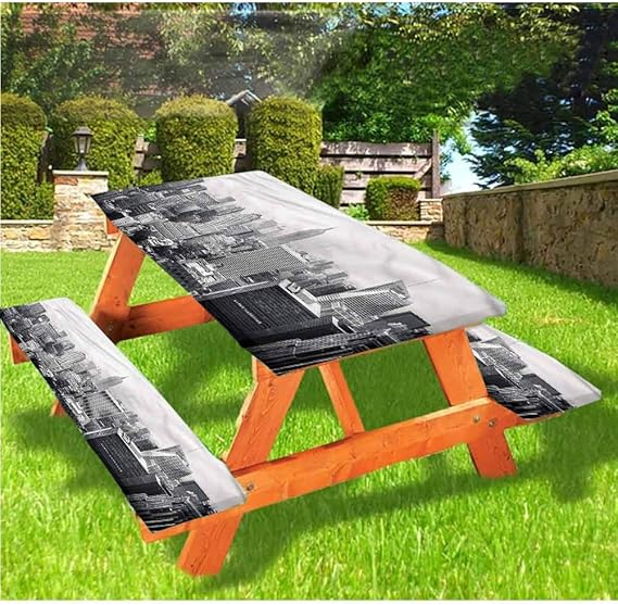 Urban Picnic Table and Bench Fitted Tablecloth Cover,Aerial View USA NY Business Elastic Edge