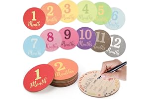 BETTSPARKS Wooden Monthly Baby Milestone Cards,Monthly Milestone Wood Discs,13 Pack Digits Printed Baby Months Signs Wood Gift Baby Announcement Props,Milestone for Baby boy Girl