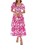 BTFBM Womens Square Neck Smocked Dress Summer Puff