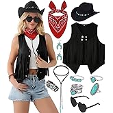 Western Cowgirl Outfits for Women Cropped Fringe Sleeveless Vest 70s Cowboy Turquoise Accessories Country Set 11PCS