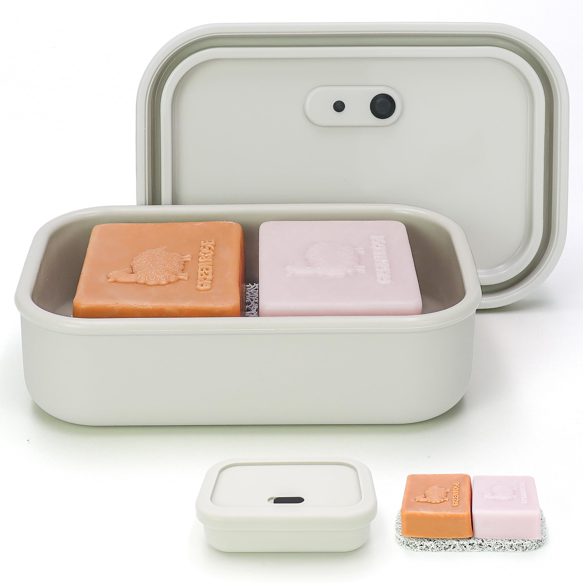 Photo 1 of AIDIMMING Enhanced Leak Proof Travel Soap Case,Shatterproof Silicone Soap Holder for Traveling, Shampoo and Conditioner Bars Soap Dish with Slip Soap Saver Pad,Portable Soap Box (Offwhite&Offwhite)