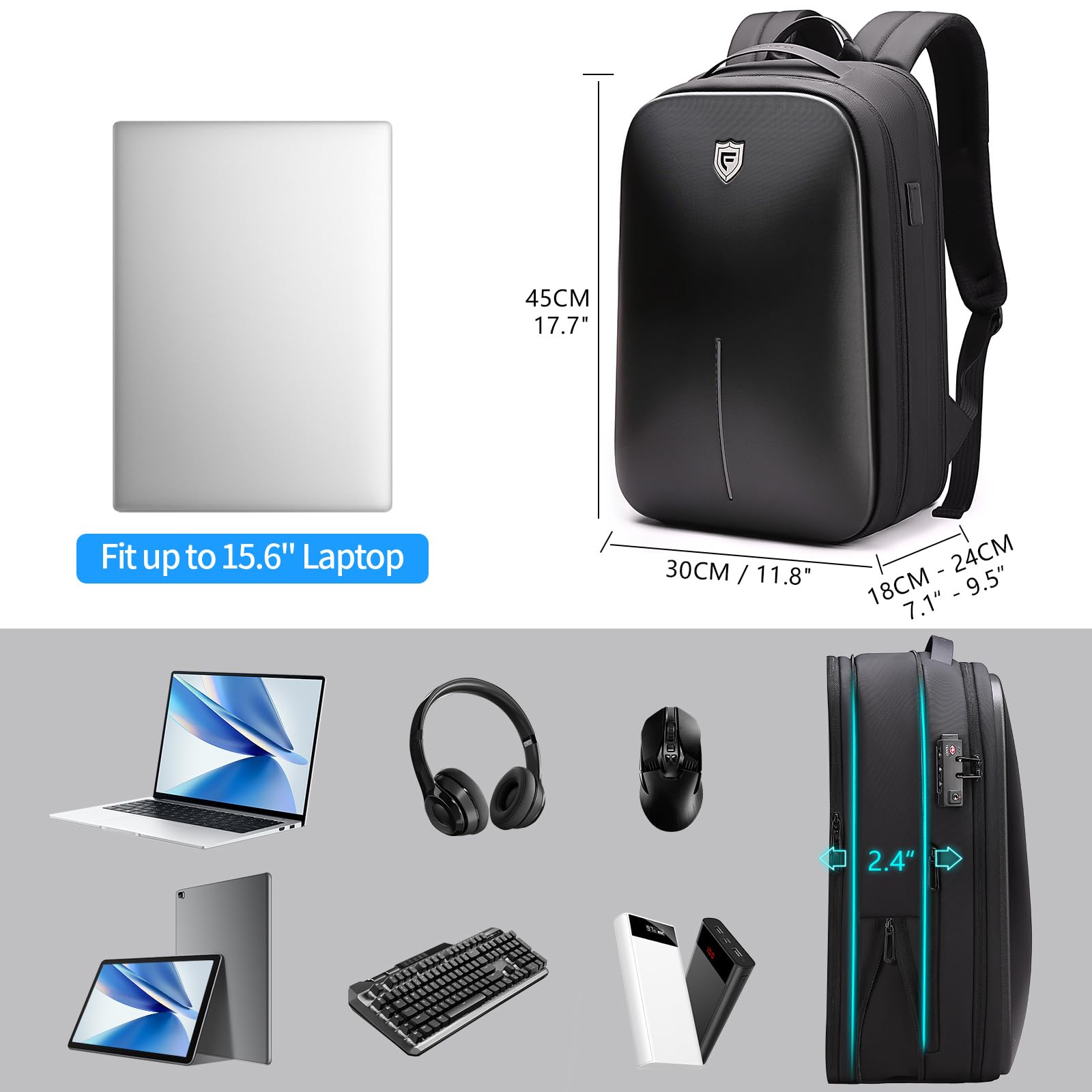 FENRUIEN Gaming Laptop Backpack 15.6 Inch, Expandable Hard Shell Backpack with USB Charging Port, Water Resistant Business Computer Backpack, Black