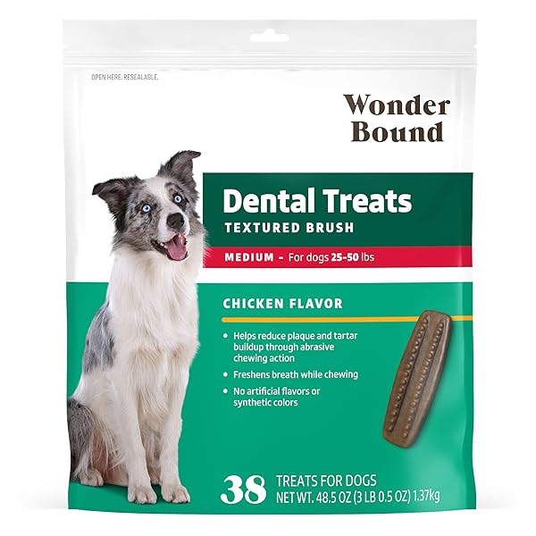 AMAZON BRAND – WONDER BOUND DOG DENTAL TREATS FOR MEDIUM DOGS (25-50 LBS), REAL CHICKEN FLAVOR, NUBBED TEXTURE FOR PLAQUE & TARTAR CONTROL, FRESHENS BREATH WHILE CHEWING, 38 COUNT