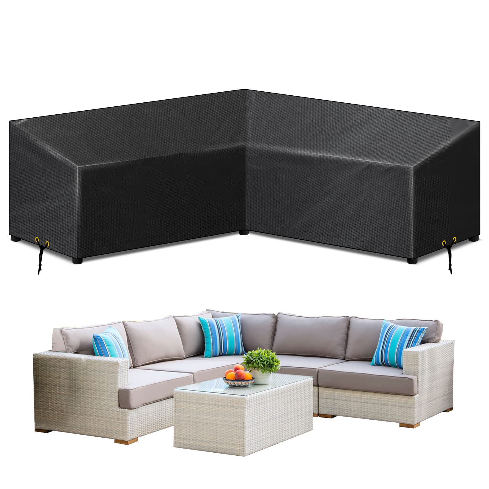 RICHIE V-Shape Garden Furniture Covers Waterproof, L Shape Garden Sofa Covers Windproof, Anti-UV, 420D Heavy Duty Oxford Fabric Outdoor Patio Rattan Corner Sofa Cover Dining Set Covers (250x250x115cm)