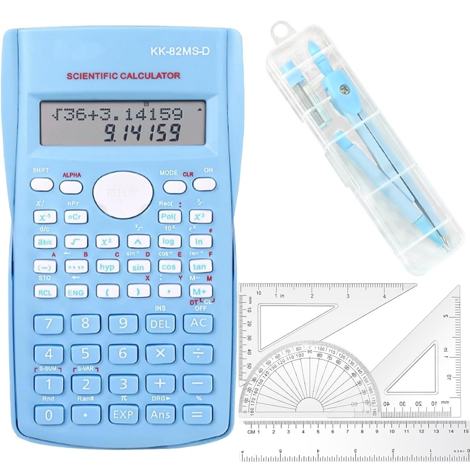 Scientific Calculators Protractor and Compass - Protractor and Compass for Geometry with Rulers and Two Set Squares and Scientific Calculators,240 Functions 2 Line 10+2 Digits,Desk Math for School