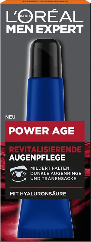 L'Oréal Men Expert Augencreme gegen Falten für Männer, Anti-Aging Augenpflege für müde und matte Haut, Herren Feuchtigkeitspflege mit Hyaluronsäure, Power Age, 1 x 15 ml
