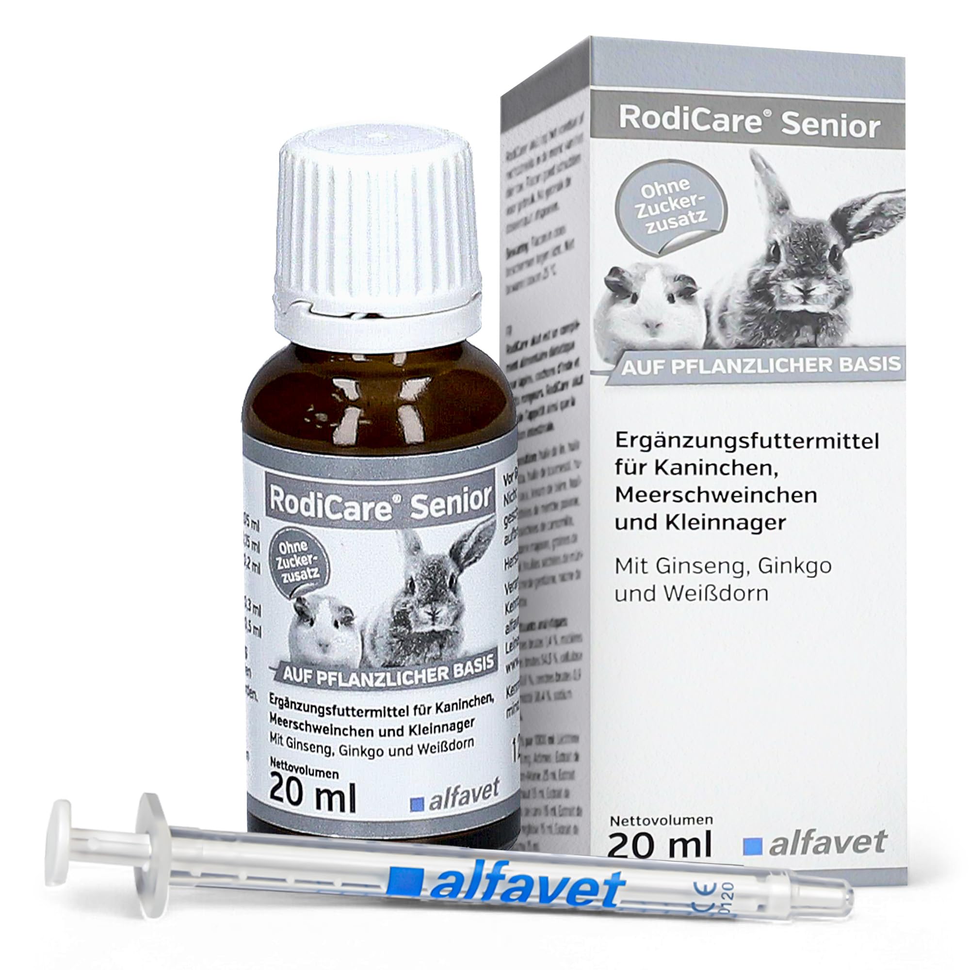 alfavet Rodicare Senior, supplementary feed for older rabbits, guinea pigs and small rodents, with ginseng, ginkgo, hawthorn, sugar-free, tonic with dosing syringe, 20 ml