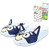 Bluey Slippers for Kids - Bundle with 1 Pair of Plush Snuggle Toe Footlet Socks with Grip Size Small/Medium Plus Stickers, and Beach Kids Door Hanger.