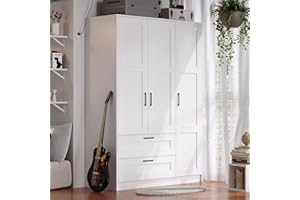 FENGHUA LIZHI 3 Doors Wooden Wardrobe Closet Armoire, White Storage Cabinet for Hanging Clothes, Bedroom Large Capacity Freestanding Armoire,Wood Wardrobe Combination with Shelves (2drawer, White)