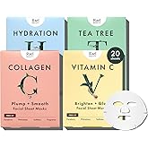 Rael Face Mask Skin Care, Bamboo Facial Mask Sheet Set - Variety Pack, Korean Skincare, All Skin Types, Gift Set (5 Hydration, 5 Vitamin C, 5 Collagen, 5 Tea Tree, 20 Sheets)