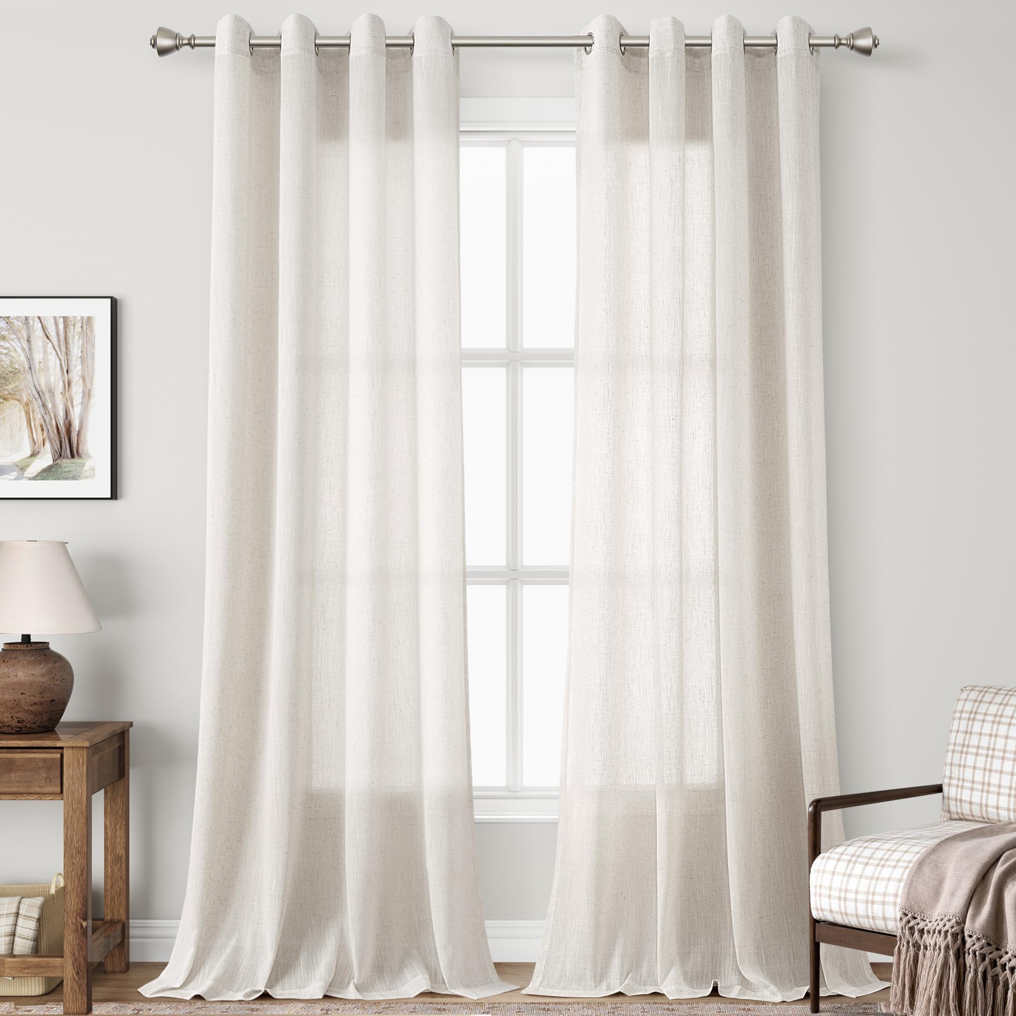 Photo 1 of Beige Linen Curtains 90 inches Long for Living Room Grommet Light Filtering Sheer Privacy Window Curtain 90 inch Length 2 Panels Set Canvas Cloth Textured Cozy Farmhouse Boho Semi Sheer Drapes