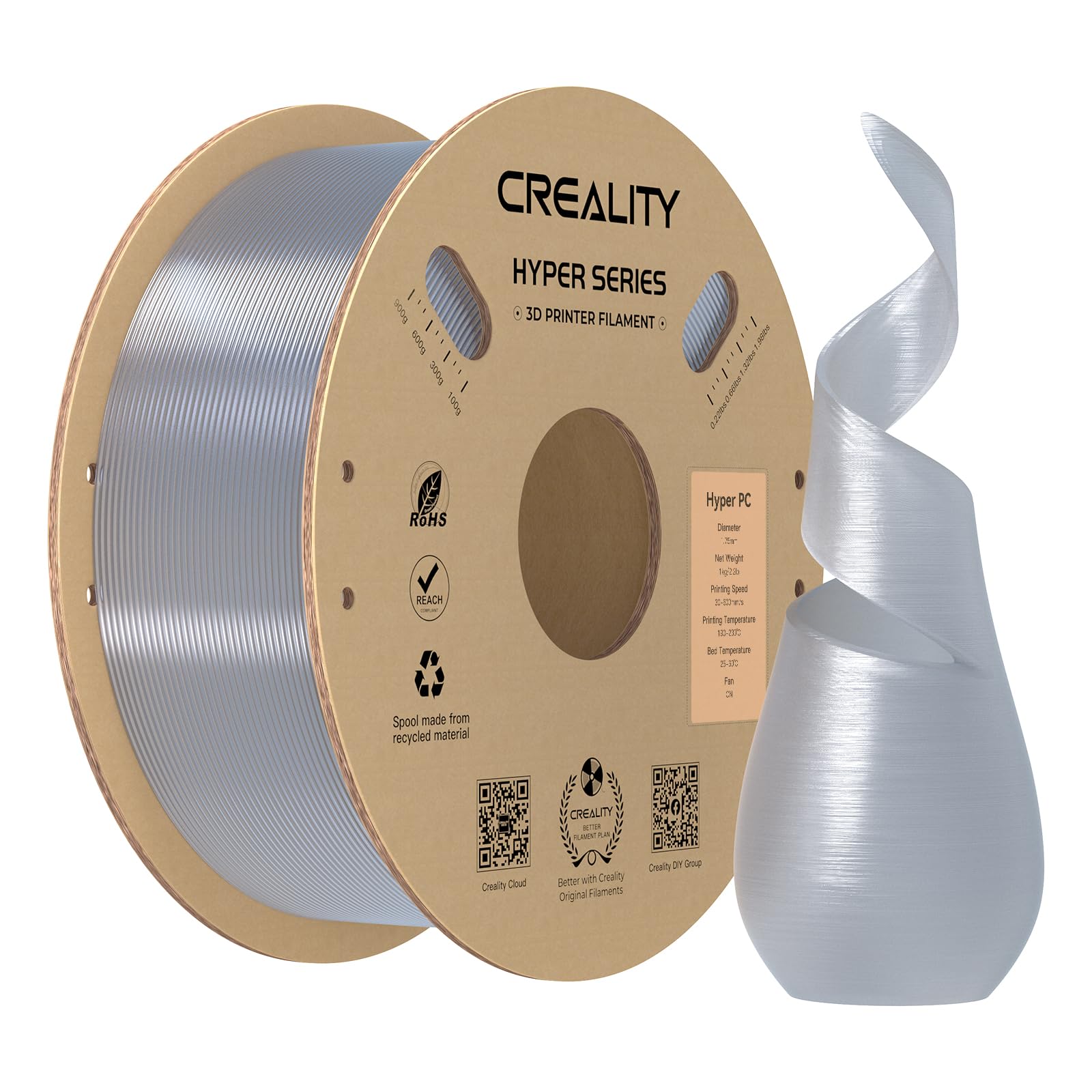 Creality PC Filament 1.75mm, Clear Polycarbonate Filament Designed for 300mm/s High Speed Printing, 1kg(2.2lbs)/Spool Hyper PC Filament, Tough and High Heat Resistant, Fits for 3D Printers Image