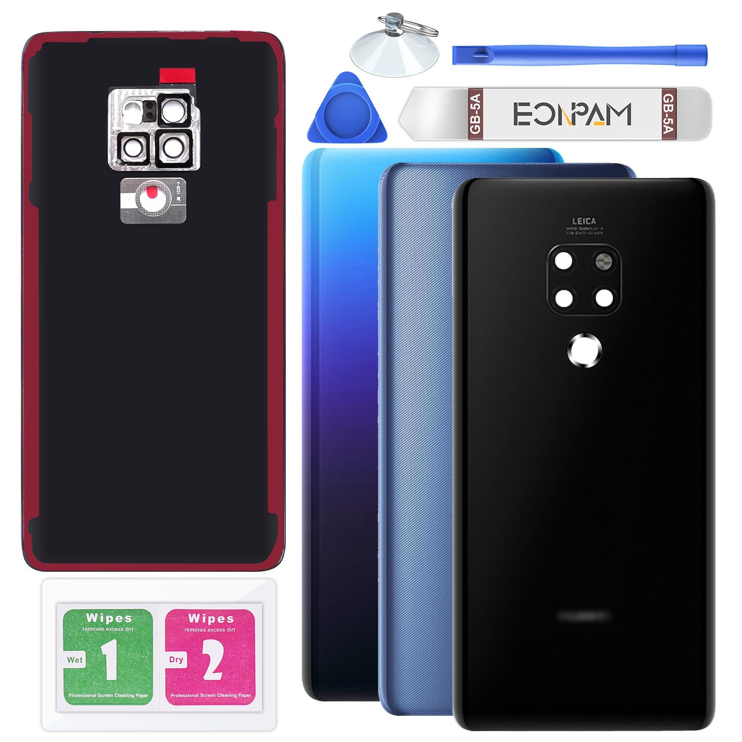 Eonpam Back Cover Glass for Huawei Mate 20 Rear Glass Replacement with Camera Lens + Repair Kit Genuine Rear Housing（Black）