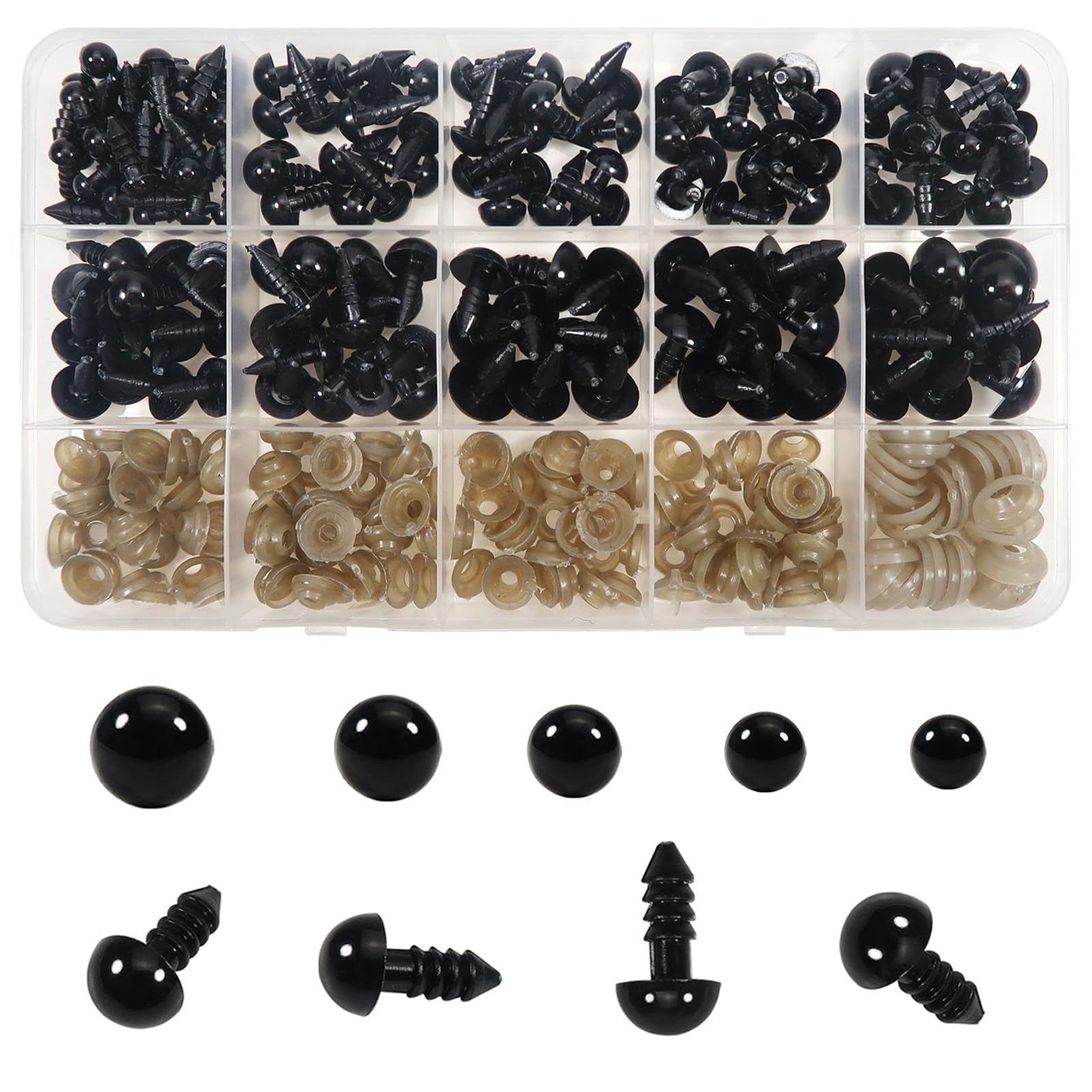 TOAOB Safety Eyes for Amigurumi Dolls 500pcs 5mm to 12mm Black Plastic Crochet Eyes with Washers for Crochet Dolls Making DIY Craft Stuffed Plush Animals
