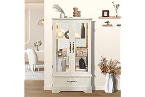 Firscook Lighted Glass Cabinet,Curio Display Cabinet with Adjustable Glass Shelves, Lighted Display Cabinet for Home, Vintage Lighted Accent Cabinet,Corner China Cabinet for Living Room (White)