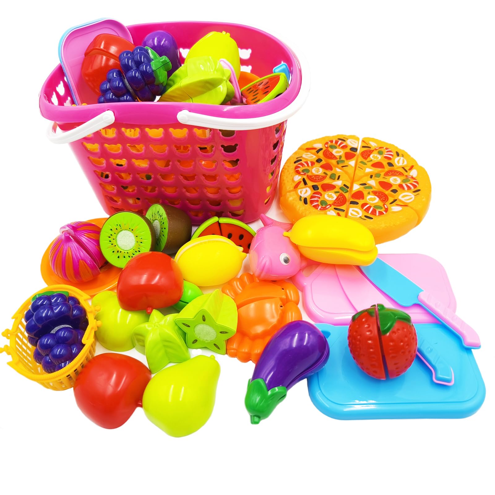 NIWWIN Kids Kitchen Toys with Slicing Pizza & Storage Basket - 26pcs Pretend Food Set, Ages 3+ Includes Cutting Tools