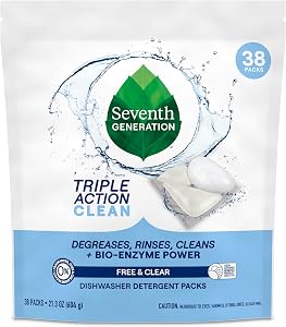 Seventh Generation Triple Action Clean Dishwasher Detergent Packs 1 pack Free & Clear For de-greasing and cleaning even the t