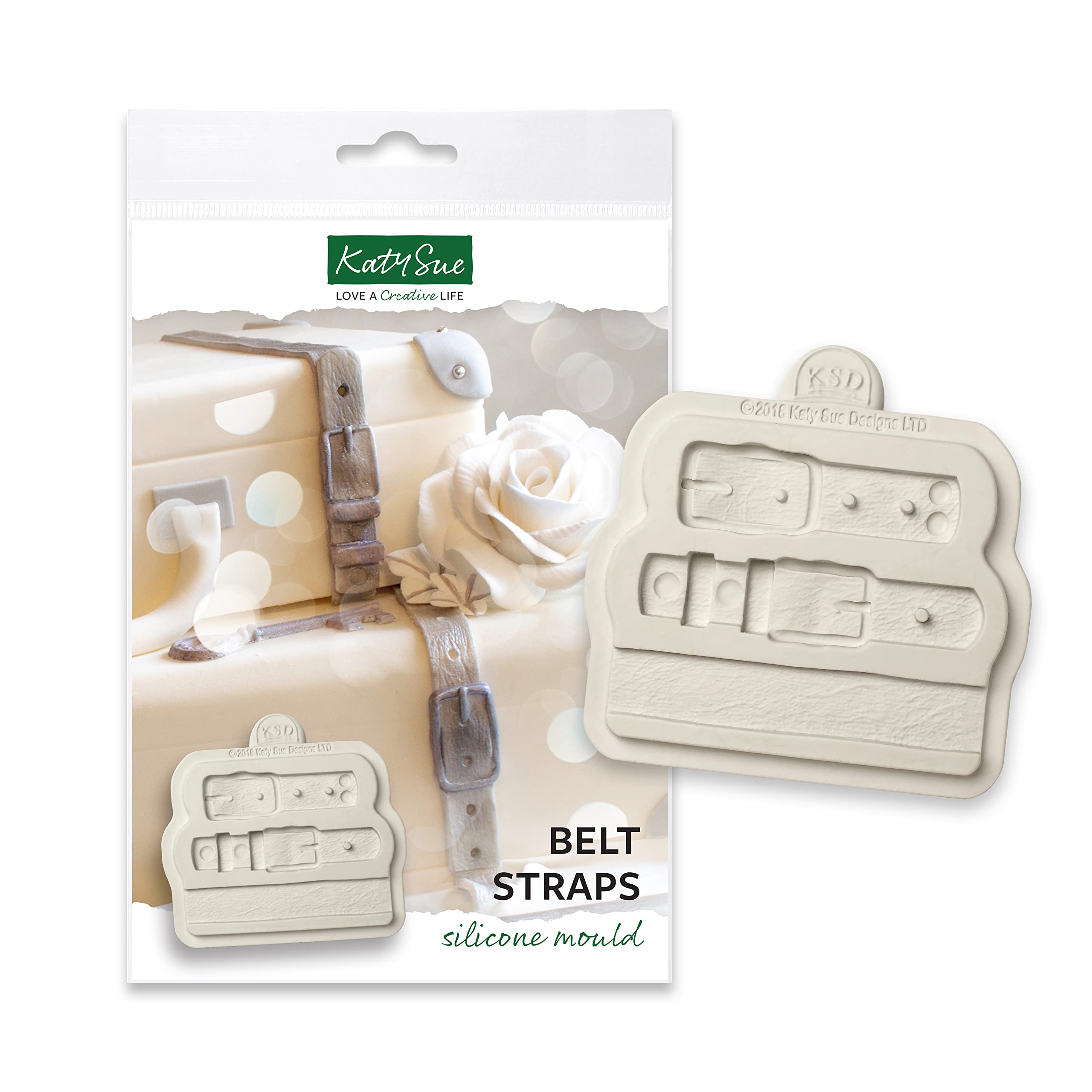 Katy Sue Belt Straps Silicone Mould for Cake Decorating & Crafts for Fondant & Air Dry Clay from Katy Sue Fondant Moulds. Makes 3 Belts with Buckle, Rivet & Clasps. Top Belt 60 x 20 Millimetres