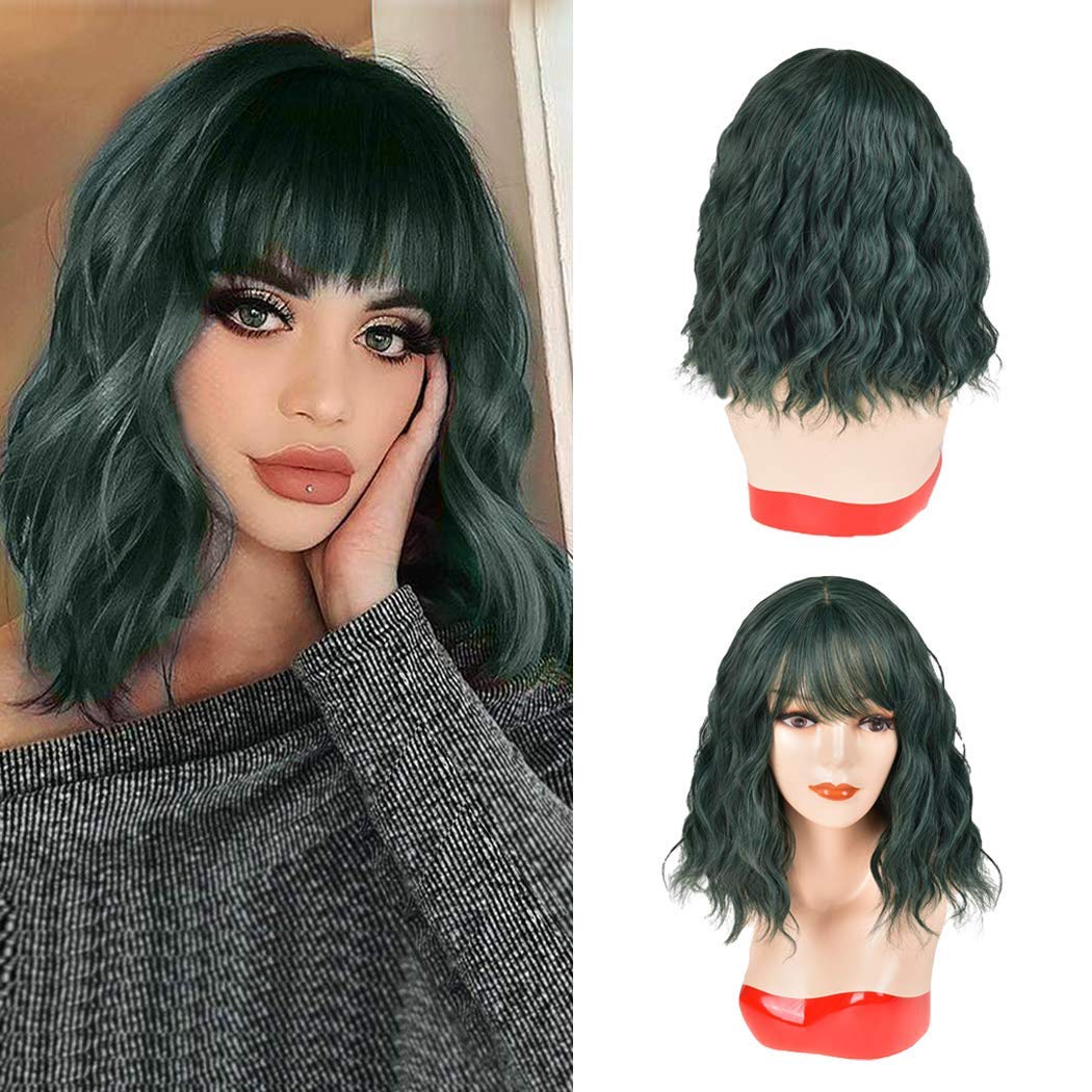 With Bangs Black Bob Wig Green Half Black Half Green Spilt