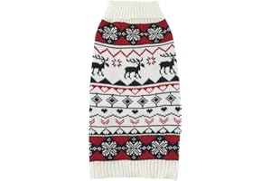 Lanyarco White Red Ugly Vintage Knit Reindeer Holiday Festive Christmas Clothes Sweater for Dogs Medium M Size Back Length 13"