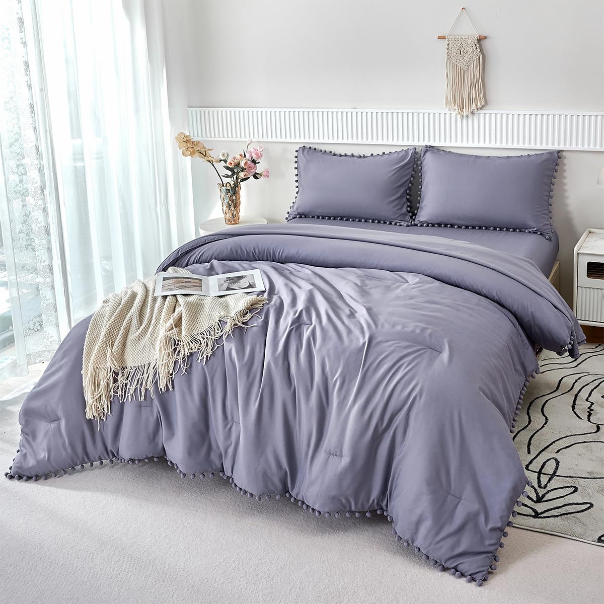 PERFEMET 5-Piece Purple Bed in A Bag Queen Size Boho Cute Grayish Purple Pom Pom Comforter Set with Sheets Soft Lightweight Girls Bedding Set(Grayish Purple, Queen) Image