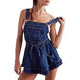 Women's Sleeveless Denim Romper Shorts Ruffle Hem Adjustable Strap Casual Jean Jumpsuits One Piece Outfits