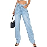 PLNOTME Women's Low Waisted Jeans Trendy Straight Leg Boyfriend Crossover Casual Denim Pants