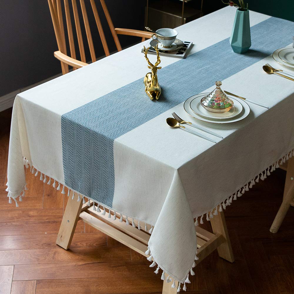 Photo 1 of TEWENE Table Cloth Rectangle Table, Cotton Linen Tablecloths Wrinkle Free Rustic Farmhouse Tablecloth Rectangular Tabletop Covers for Dining, Outdoor(55''x86''/6-8 Seats/Blue)