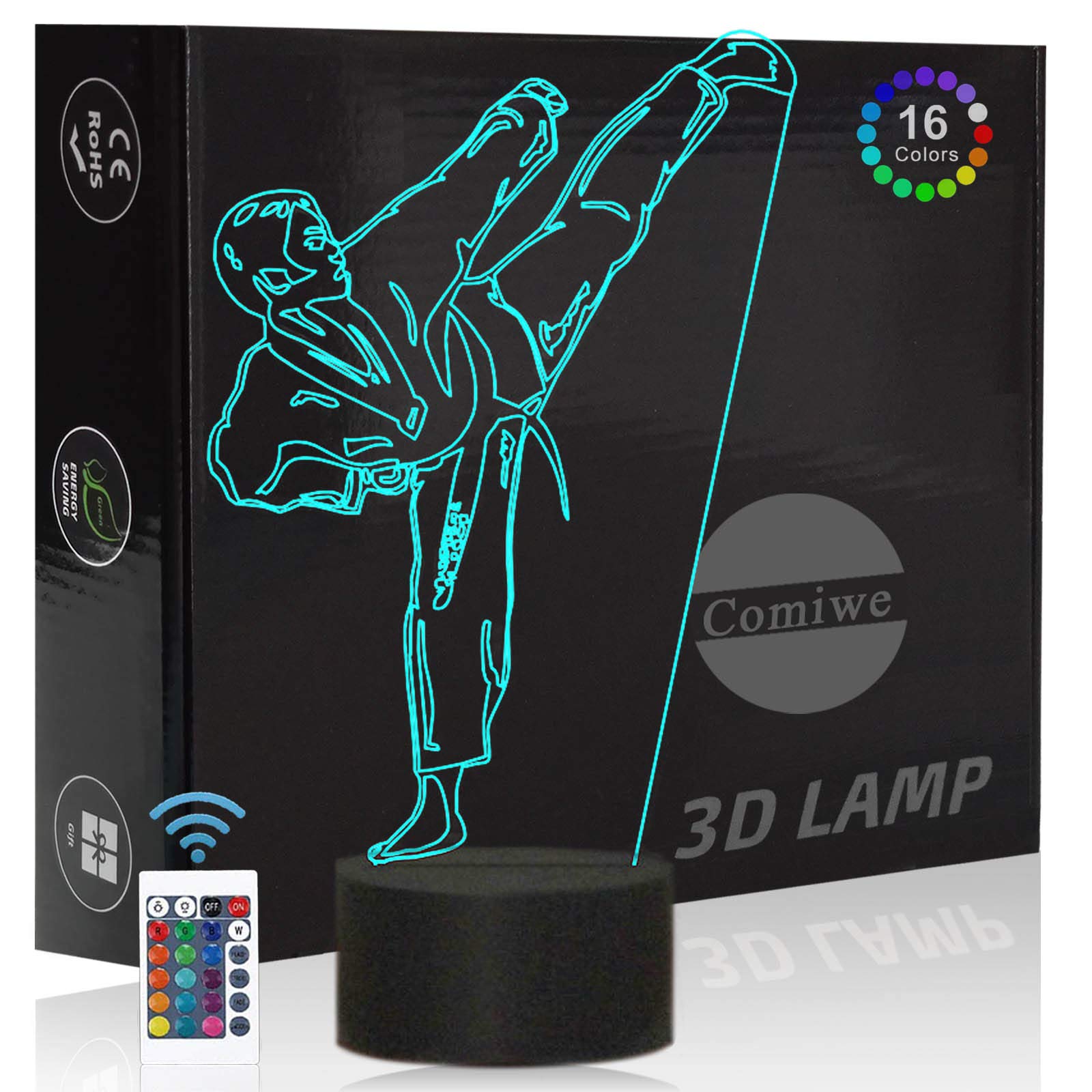 Comiwe Taekwondo Kickboxing 3D Illusion Night Light Toys,16 Colours Change Smart Touch & Remote Control,Home Decor LED Bedside Table Lamp,Christmas Birthday Gift for Boys Kids Adults Friends & Family