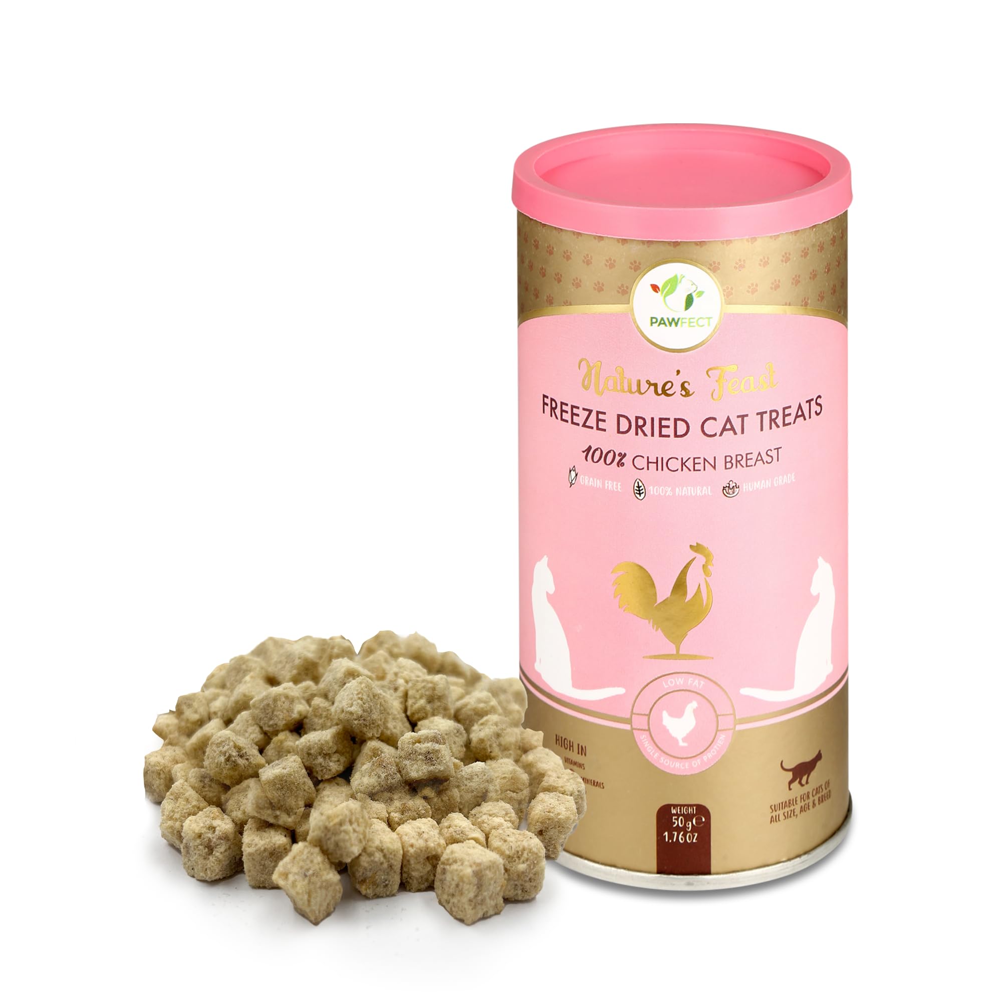Pawfect Nature's Feast Freeze Dried Chicken Cat Treats - Chicken Breast - Low Fat for Weight Control & Muscle Care - 100% Natural - Grain-Free-Hypoallergenic - Freeze Dried Cat Treats (50g/1.76oz)