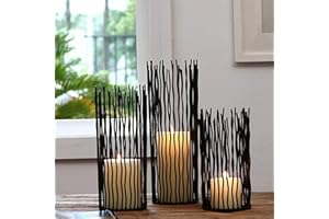 BIGSEE Black Metal Wire Willow Pillar Candleholder Set, Creative Hollow Geometric Candle Holder for Table Centerpiece Fireplace Mantel Decoration, Party, Wedding