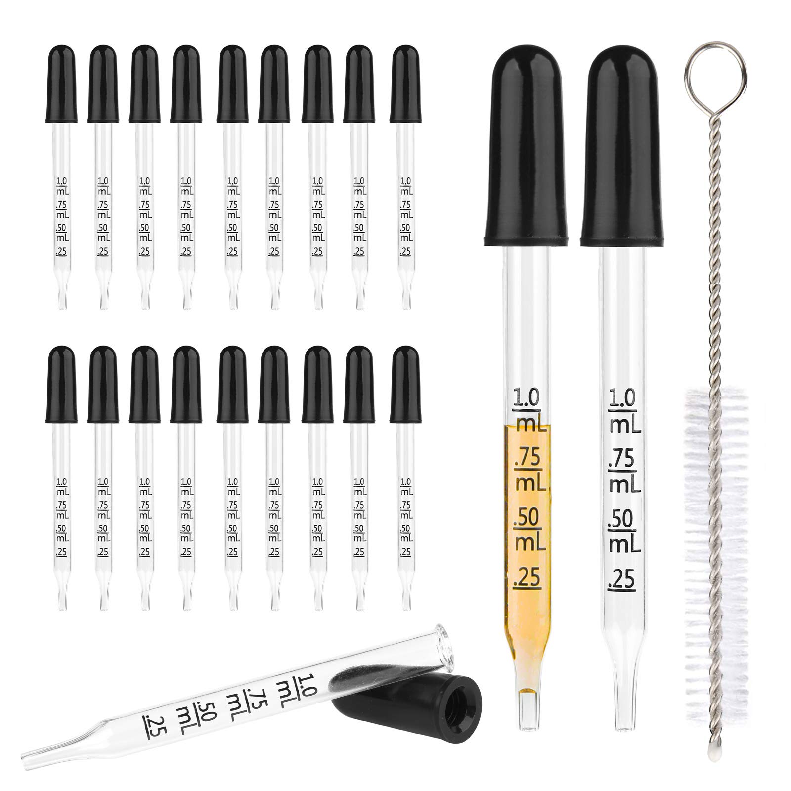 24pcs Pipette Glass with 1ml Scale Glass Dropper Liquid Pipette Rubber Head Pipette Liquid Drop for Painting Student Laboratory Food Essential Oils Aromatherapy Vial Accessories