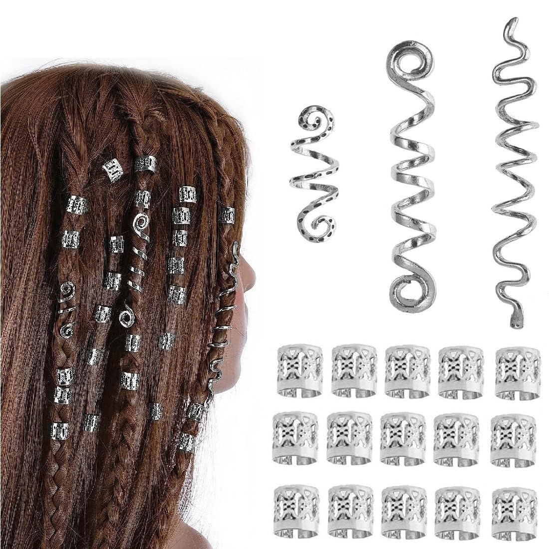 Hair Beads for Braids, 18 Pieces, Dreadlocks Hair Beads, Dreadlock Accessories, Hair Coil, Braid Rings, Hair Jewelry for Braids, Hair Accessories For Girl Women Hip Hop Party Music Festival (Silver)