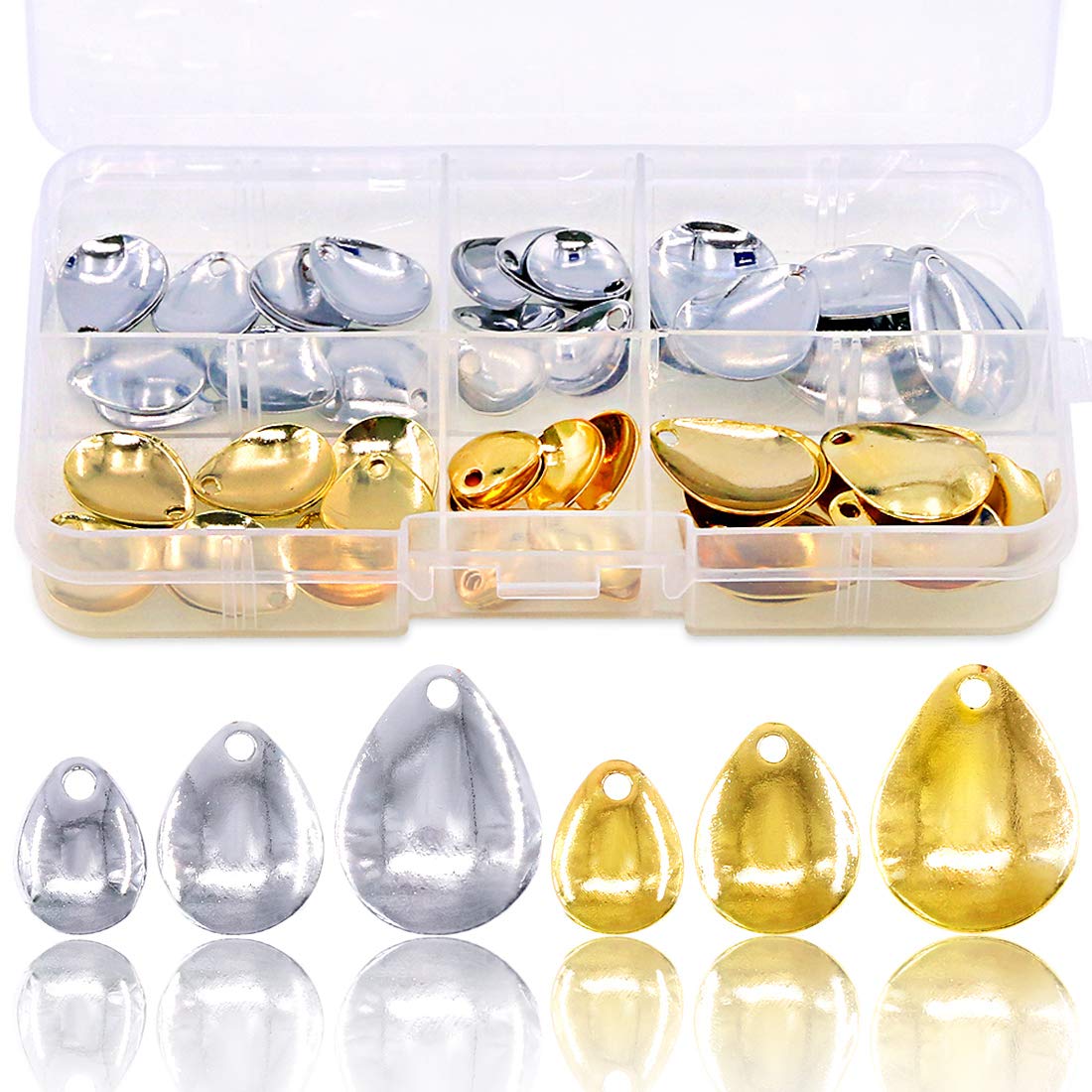 Glarks 60Pcs Gold & Silver Deep Cup Fishing Lures Copper Fishing Attractor Spinner Blades for Hard Lures Worm Spinner Baits Spoons Rigs Making, 3 Size