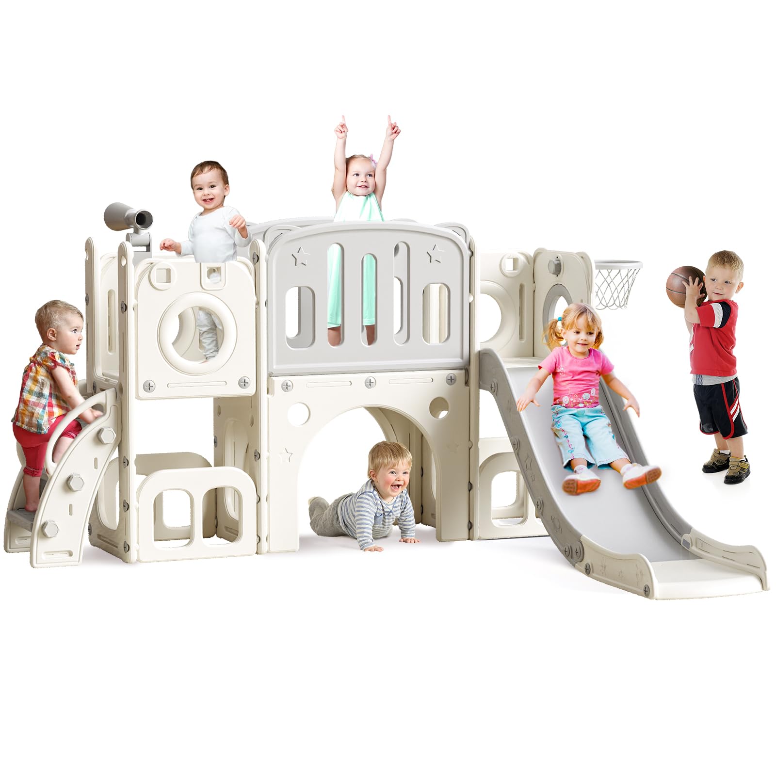8 in 1 Toddler Slide Set, Kids Slide for Toddlers, Toddler Climber Slide PlaySet with Basketball Hoop,Outdoor Indoor Playground for Toddlers Upgraded Grey