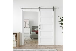 COSHOMER 42in x 84in Sliding Barn Door with 7ft Barn Door Hardware Kit & Handle, Pre-Drilled Holes Easy Assembly -Solid Barn Door Slab Covered with Water-Proof PVC Surface, White, 5 Panel