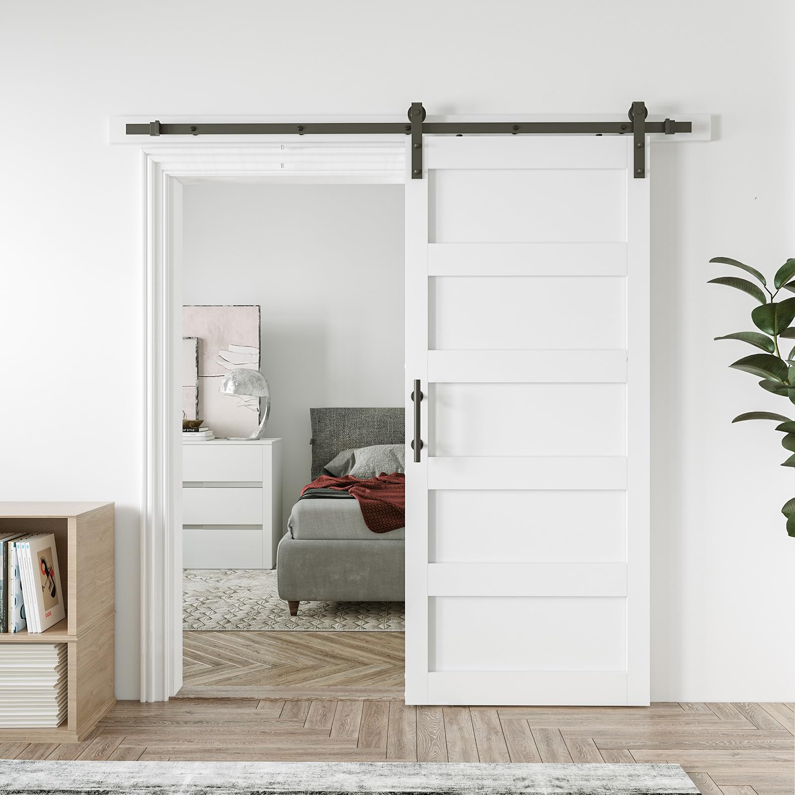 Photo 1 of COSHOMER 40in x 84in Sliding Barn Door with 7ft Barn Door Hardware Kit & Handle, Pre-Drilled Holes Easy Assembly -Solid Barn Door Slab Covered with Water-Proof PVC Surface, White, 5 Panel