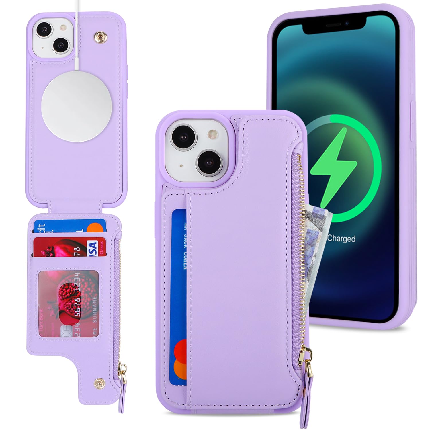 SailorTech iPhone 15 Plus Case with Credit Card Holder magsafe, iPhone 15 Plus Phone Leather Case Wallet for Women Compatible mag safe Card Slots Zipper Shockproof Case for Men - Purple โ image 1