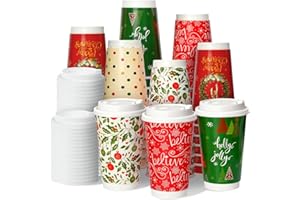 Nihuecne 50 Pack 16 oz Christmas Disposable Coffee Cups with Snap-on Lids - for Hot or Cold Drinks, Paper Coffee Cups for Xma